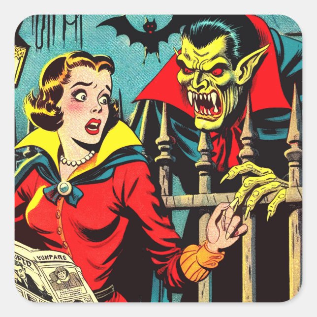 Retro Horror Vampire Comics Square Sticker (Front)