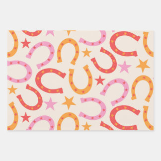 Retro Horseshoes pattern with stars in orange pink Wrapping Paper Sheet