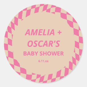 Retro Hot Pink Abstract Checker Custom Baby Shower Classic Round Sticker