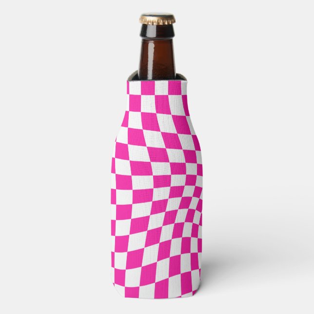 Retro Hot Pink Checked Warped Chequered  Bottle Cooler (Bottle Front)