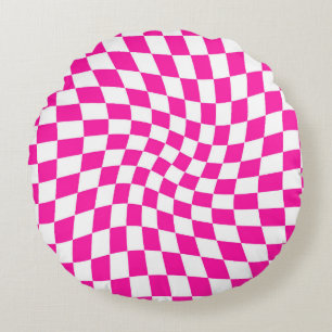 Retro Hot Pink Checks Warped Chequered Dorm Round Pillow