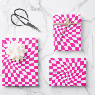 Retro Hot Pink Checks Warped Chequered Dorm   Wrapping Paper Sheet