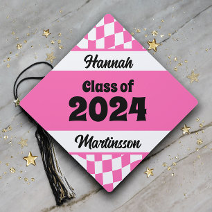 Retro Hot Pink Chequered Class of 2024 Graduation Cap Topper