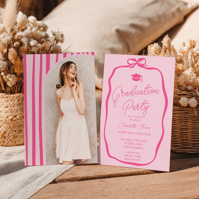 Retro Hot Pink Coquette Bow photo graduation Invitation (Retro Hot Pink Coquette Bow photo graduation Invitation)