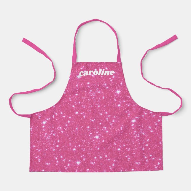 Retro Hot Pink Glitter Sparkle Personalized Name Apron (Front)