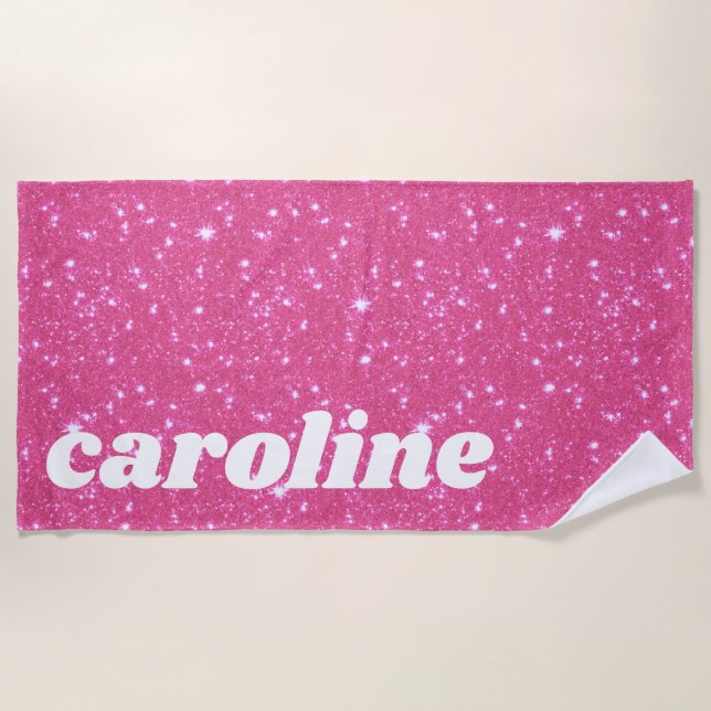 Retro Hot Pink Glitter Sparkle Personalized Name Beach Towel (Front)