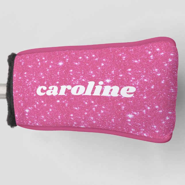 Retro Hot Pink Glitter Sparkle Personalized Name Golf Head Cover (Front)
