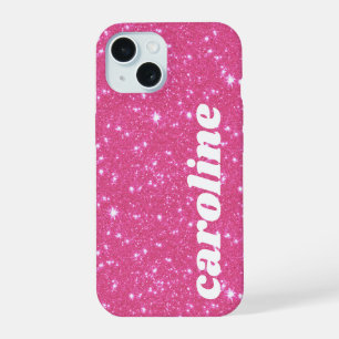 Retro Hot Pink Glitter Sparkle Personalized Name iPhone 15 Case