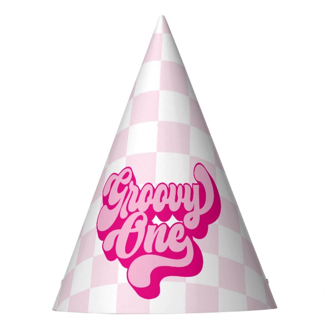 Retro Hot Pink Groovy One Check Party Hat (Front)