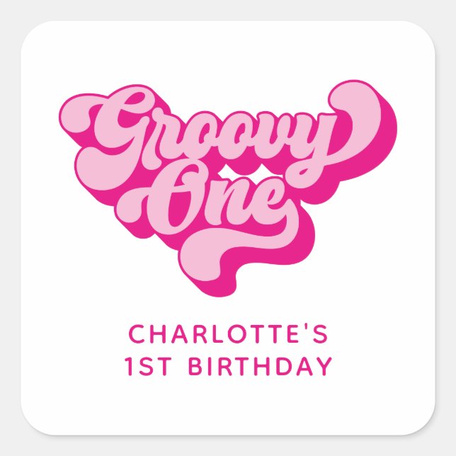 Retro Hot Pink Groovy One Square Sticker (Front)