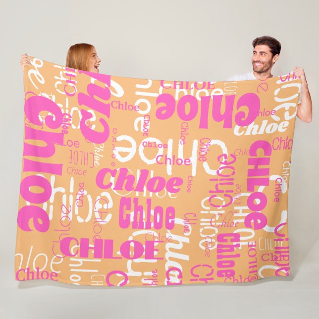 Retro Hot Pink Orange Custom Name Pattern Modern  Fleece Blanket (In Situ)