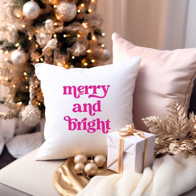 Retro Hot Pink Typography | Merry and Bright Throw Pillow (A girly and trendy Christmas pillow with hot pink retro typography on a white background)