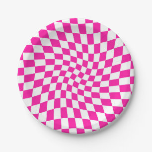 Retro Hot Pink Warped Chequerboard  Paper Plate