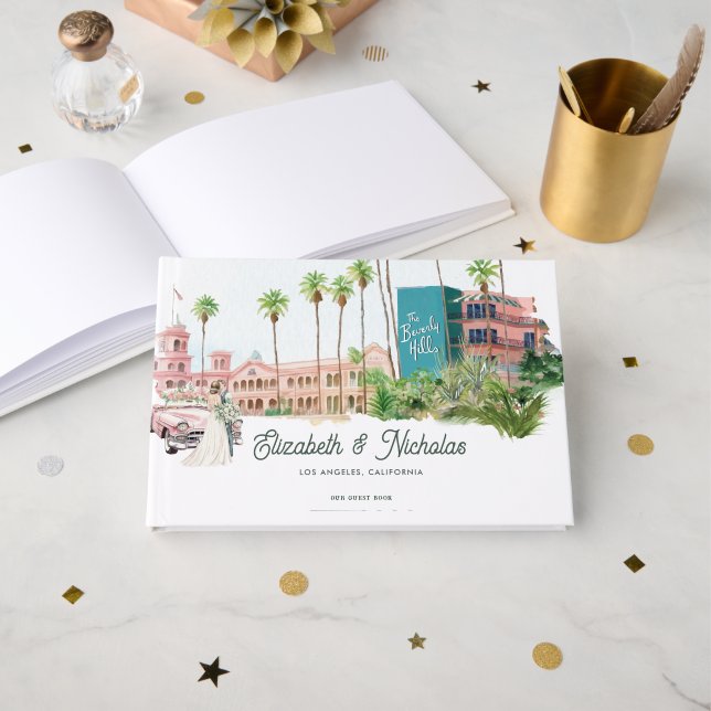 Retro Hotel Watercolor Venue Illustration Wedding Guest Book (Front Open)