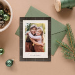 Retro houndstooth check classic Christmas photo Holiday Card<br><div class="desc">A preppy throwback brown houndstooth pattern frames a single vertical photo on this classic holiday card. The simple type allows room for a custom greeting ("Merry Christmas" can be changed to "Happy Holidays" or anything you'd like), family name and year. The back features a coordinating checked houndstooth pattern. This family...</div>