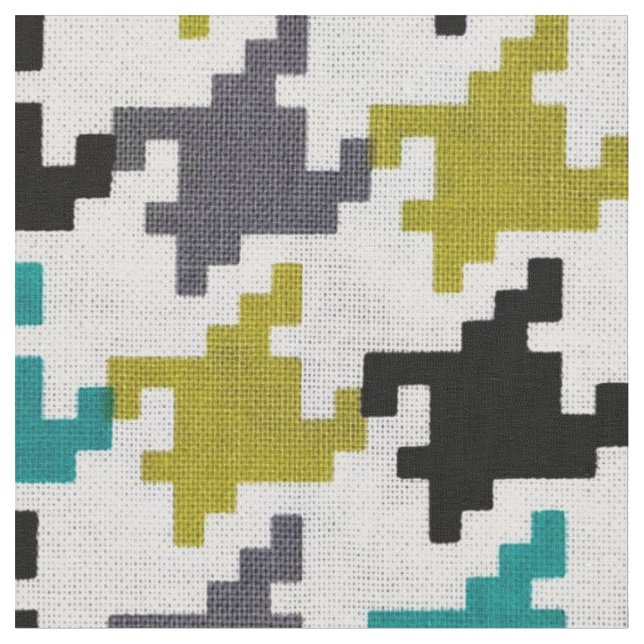 Retro Houndstooth Grey Olive-Yellow Teal Black Fabric (Close Up)