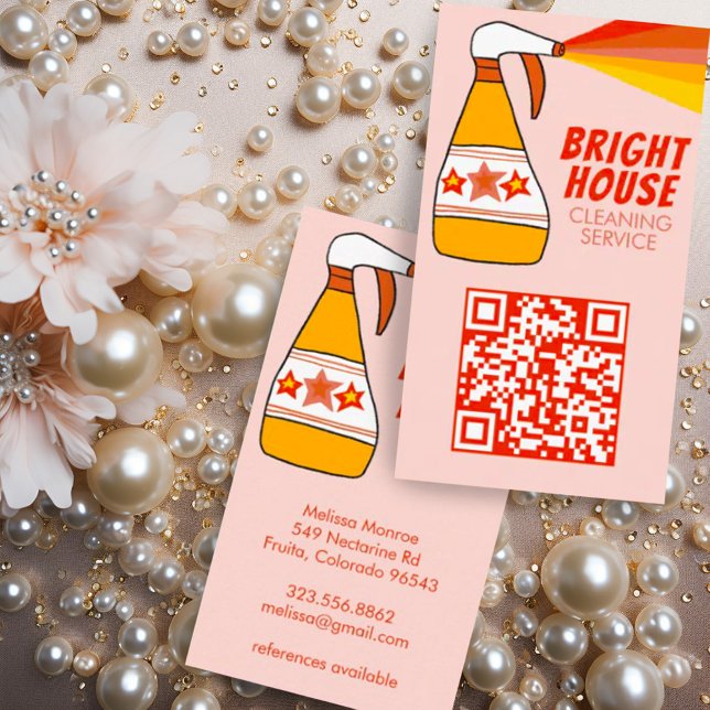 Retro House Cleaning Service Spray Bottle QR Code Business Card (Spray bottle house cleaner business cards with custom QR code)