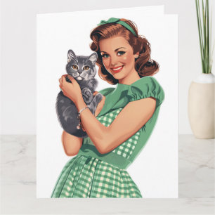 RETRO HOUSEWIFE CAT MOM GREETING CARD