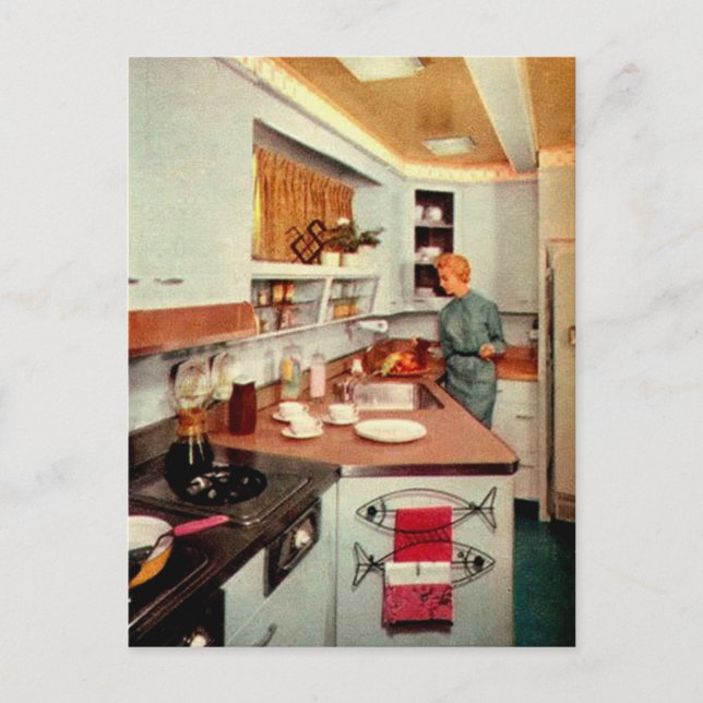 Retro Housewife in Kitchen Postcard (Front)