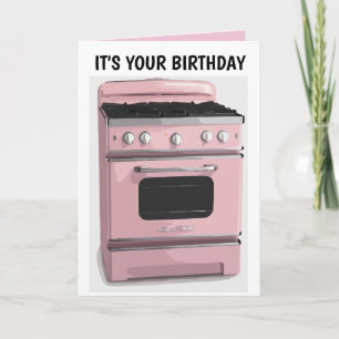 RETRO HOUSEWIFE PINK OVEN BIRTHDAY CARD