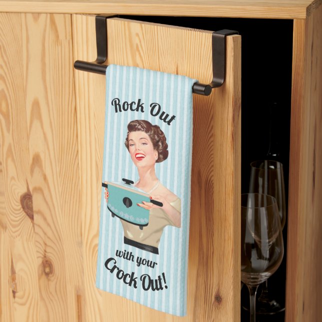 Retro Housewife Rock Out with your Crock Out Kitchen Towel (Thirds Fold)