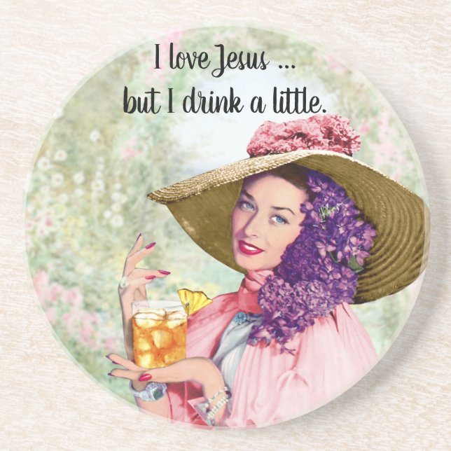 Retro Housewife Sun Hat Cocktail Flowers Coaster (Front)