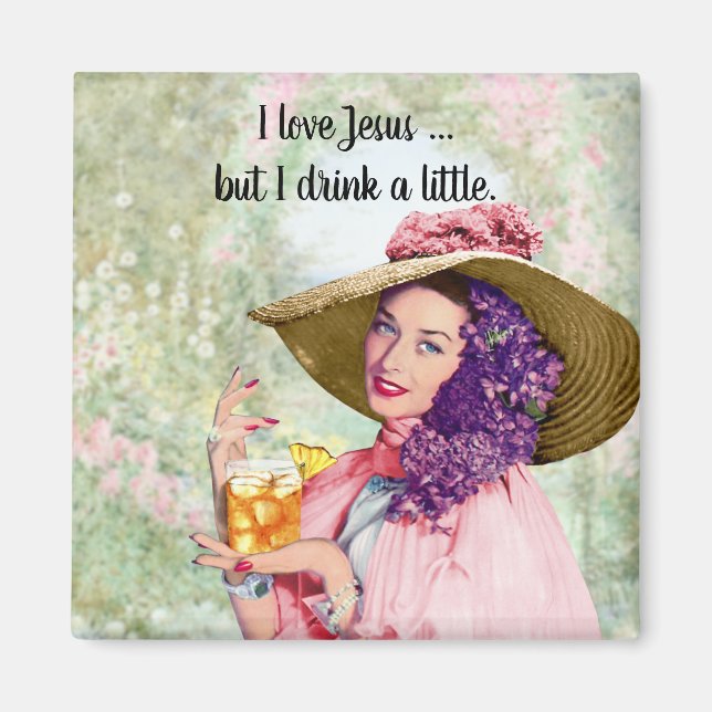 Retro Housewife Sun Hat Cocktail Flowers Magnet (Front)