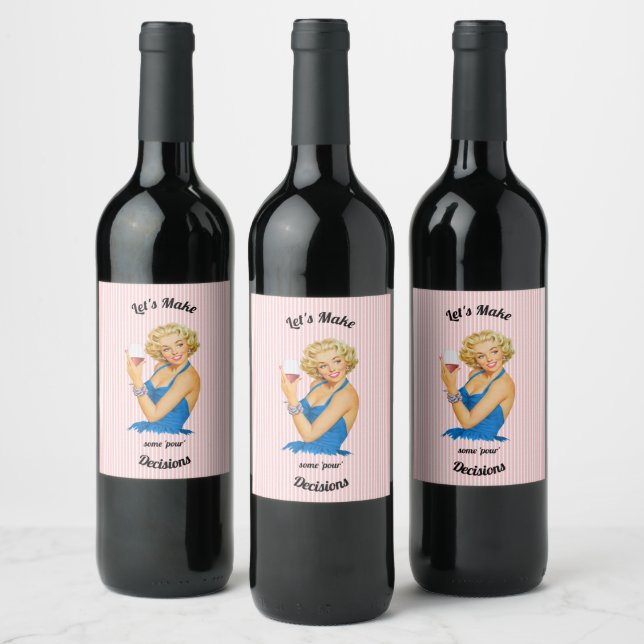 Retro Housewife Wine Pink Stripe Wine Label (Bottles)