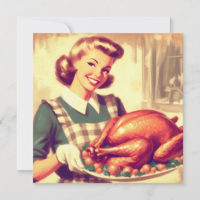 Retro Housewife with Thanksgiving Turkey Vintage Card (Front)