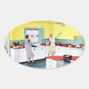 Retro Housewives in Kitchen Oval Sticker