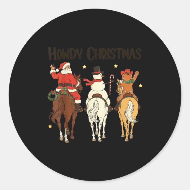 Retro Howdy Christmas Santa Snowman Gingerbread Ri Classic Round Sticker (Front)