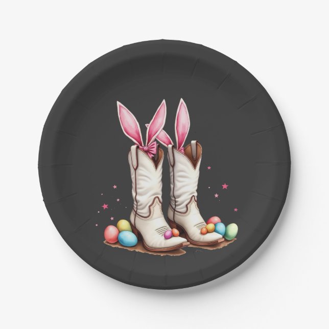 Retro Howdy Easter Funny Cowboy Boots Easter Egg Paper Plate (Front)