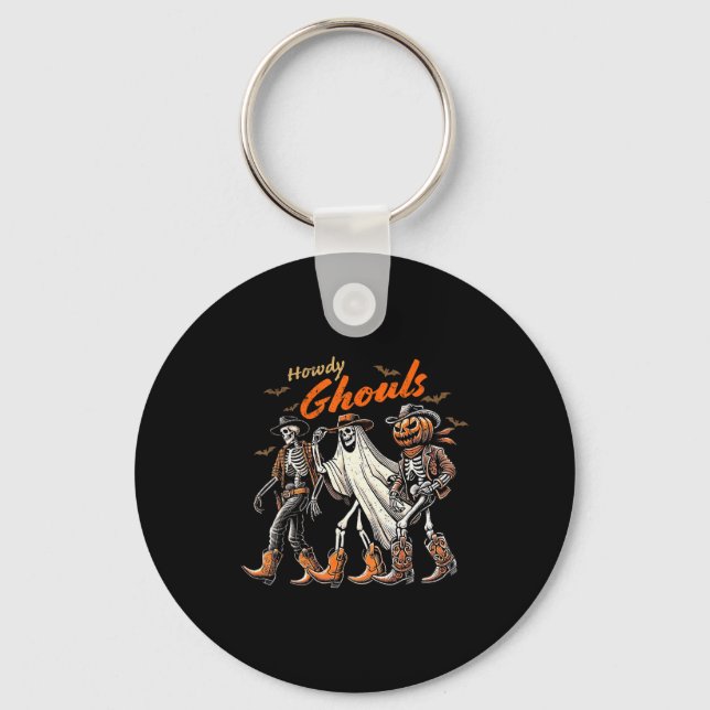Retro Howdy Ghouls Skeleton Cowboy Western Rodeo H Keychain (Front)