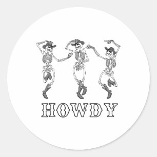 Retro Howdy Skeleton Cowgirl Dancing Cowboy Boots Classic Round Sticker