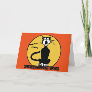 Retro Howling Halloween Cat and Moon Card
