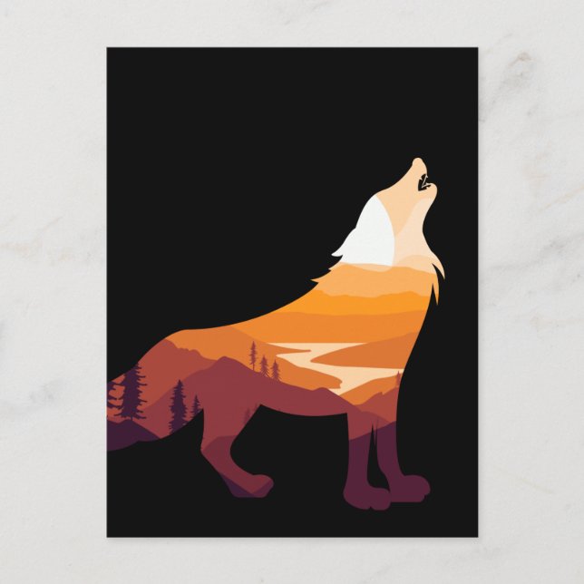 Retro Howling Wolf Landscape Wilderness Sunset Postcard (Front)