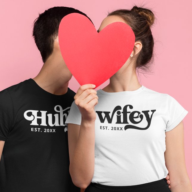 Retro Hubby Wifey Matching Groovy Personalized T-Shirt (Creator Uploaded)