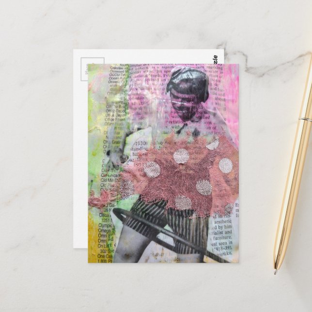 Retro Hula Dance Mixed Media Collage Postcard (Front/Back In Situ)