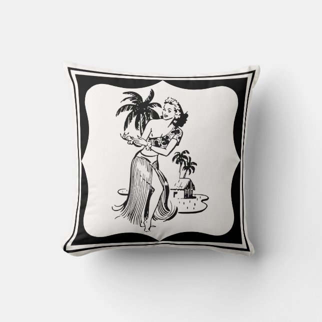 Retro Hula Dancer Tropical Tiki Island Palm Tree Throw Pillow (Front)