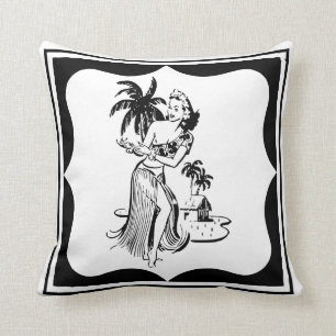 Retro Hula Dancer Tropical Tiki Island Palm Tree Throw Pillow