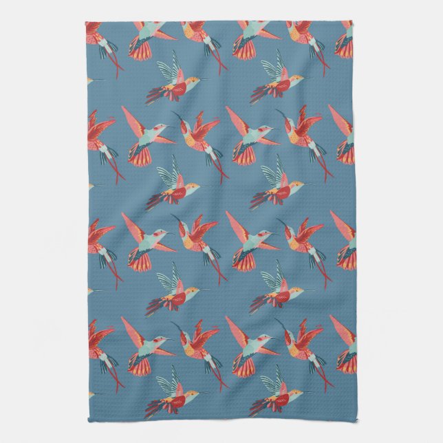 Retro Hummingbird Pattern Kitchen Towel (Vertical)