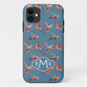 Retro Hummingbird Pattern   Monogram iPhone 11 Case