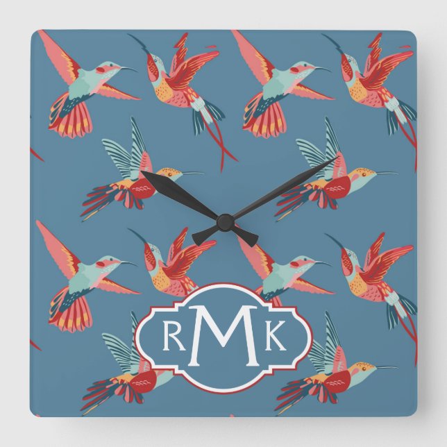 Retro Hummingbird Pattern | Monogram Square Wall Clock (Front)