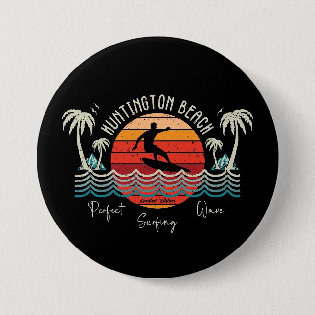 Retro Huntington Beach Surfing  3 Inch Round Button (Front)