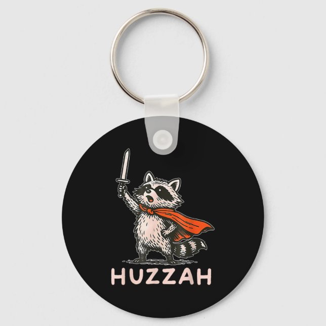 Retro Huzzah Raccoon Knight Funny Sword Meme Quote Keychain (Front)
