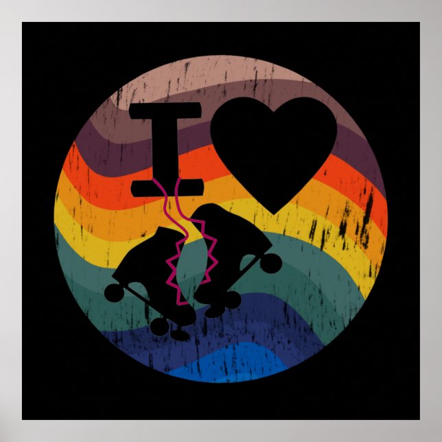 Retro I Love Roller Skating Distressed Look Poster (Front)