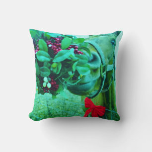 Retro Ice Blue, Brown Horse,Christmas Red Bow Throw Pillow