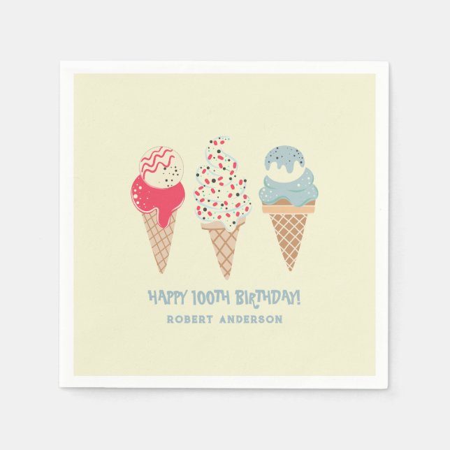 Retro Ice Cream Cone 100th Birthday Custom Napkin (Front)