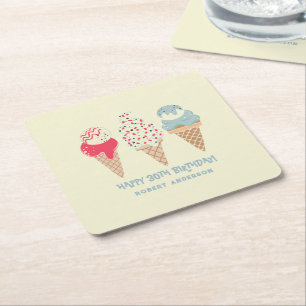 Retro Ice Cream Cone 30th Birthday Custom Square Paper Coaster