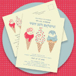 Retro Ice Cream Cone 50th Birthday Invitation Postcard<br><div class="desc">New for Summer 2024. Our "Ice Cream,  You Scream We All Scream Happy 50th Birthday!" invitation postcard. Three retro watercolor ice cream cones with patriotic red,  white and blue ice cream and sprinkles take centre stage above your birthday party details.</div>